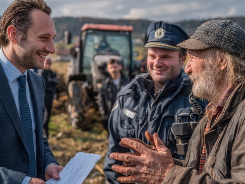Ein Regierungsbeamter geht zusammen mit einem Polizisten zu einem Bauern. (KI-generiert)