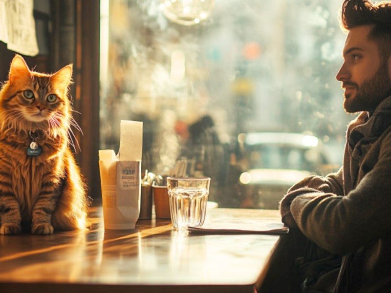 Katze und Mann im Restaurant. (KI-generiert)