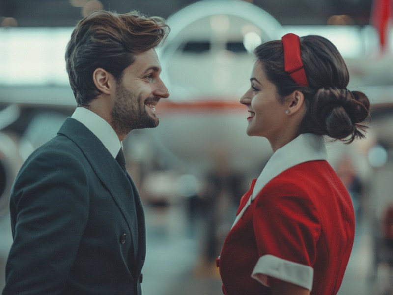 Ein junger Mann in einem Anzug flirtet mit einer Stewardess vor einem Flugzeug.