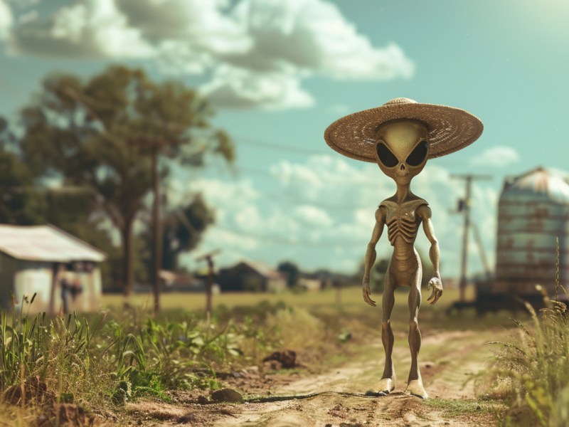 Ein Bild von einem Alien mit Strohhut auf einem Bauernhof.