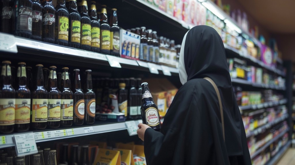 Eine Nonne kauft Bier in einem Supermarkt.