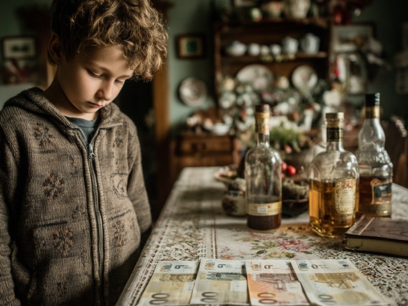 Ein 10-jähriger Junge steht vor einem Esstisch, auf dem ein 10-Euro-Schein, eine Flasche Whiskey und eine Bibel liegen. (KI-generiert)