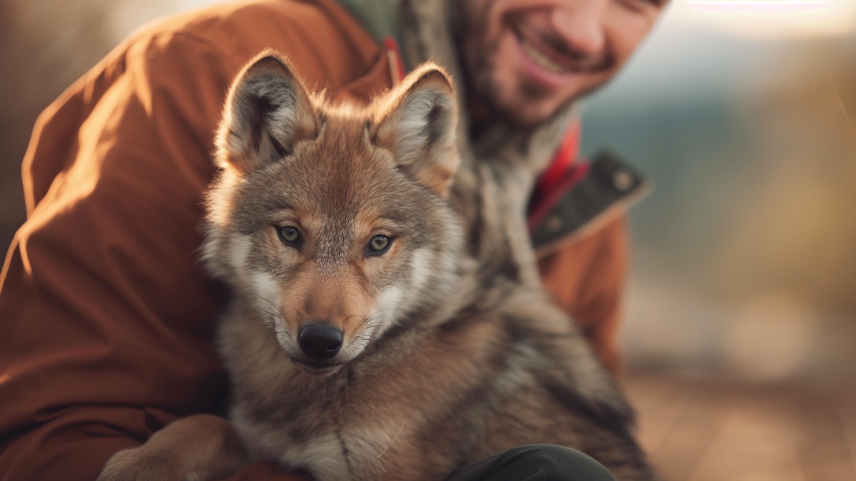 Ein Mann und ein Wolf.