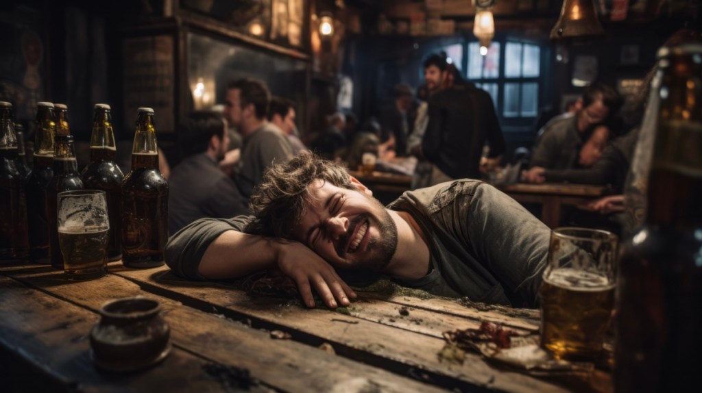 Ein betrunkener Mann liegt mit dem Kopf auf einem Tisch in eienr Kneipe.