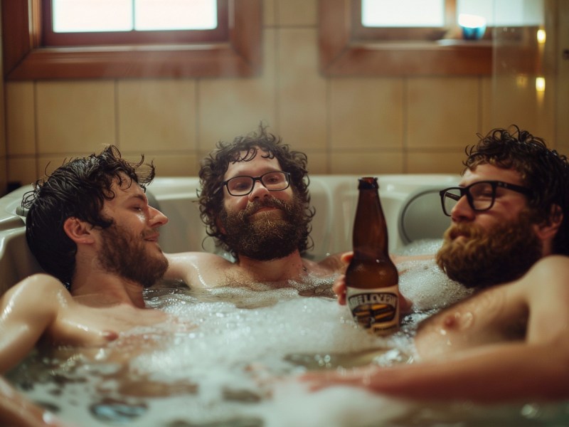 Drei Männer trinken Bier in einem Whirlpool.