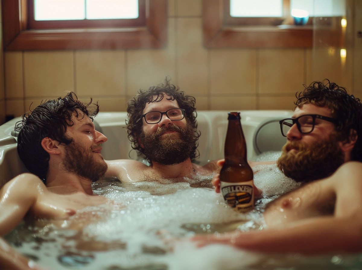 Drei Männer trinken Bier in einem Whirlpool.