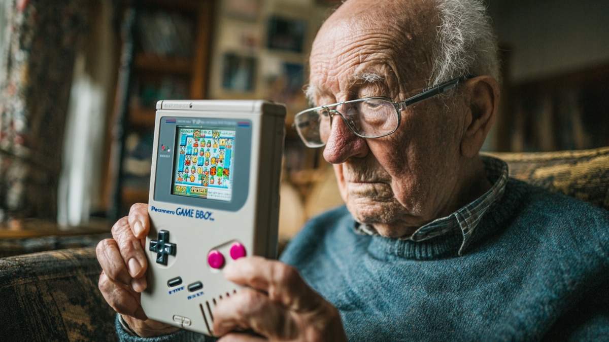 Alter Mann mit Gameboy. (KI-generiert)