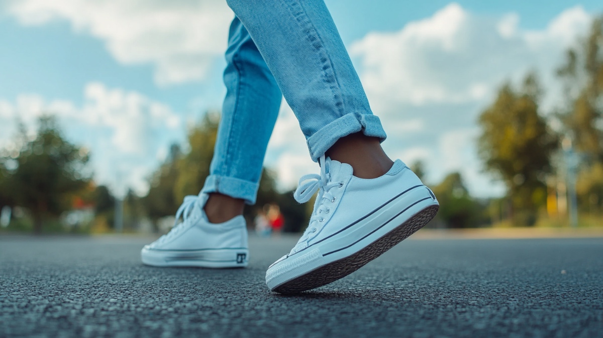 Eine junge Frau mit Jeans und weißen Turnschuhen tanzt auf einer Straße.