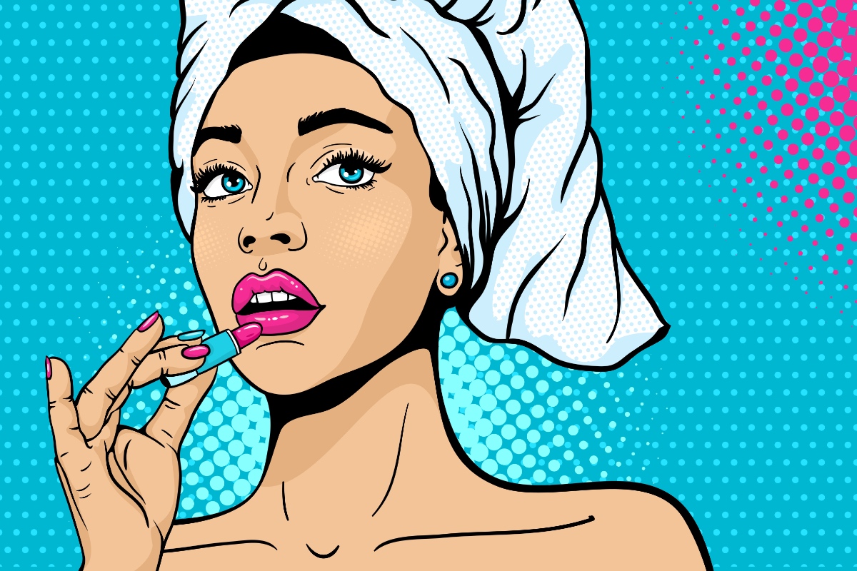 Ein Popart-Comic-Bild von einer Frau, die Lippenstift aufträgt.