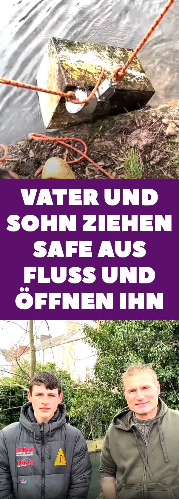 Vater und Sohn ziehen Safe aus Fluss und öffnen ihn