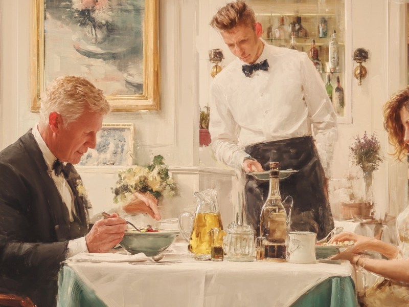 Ehepaar und Kellner im Restaurant. (KI-generiert)