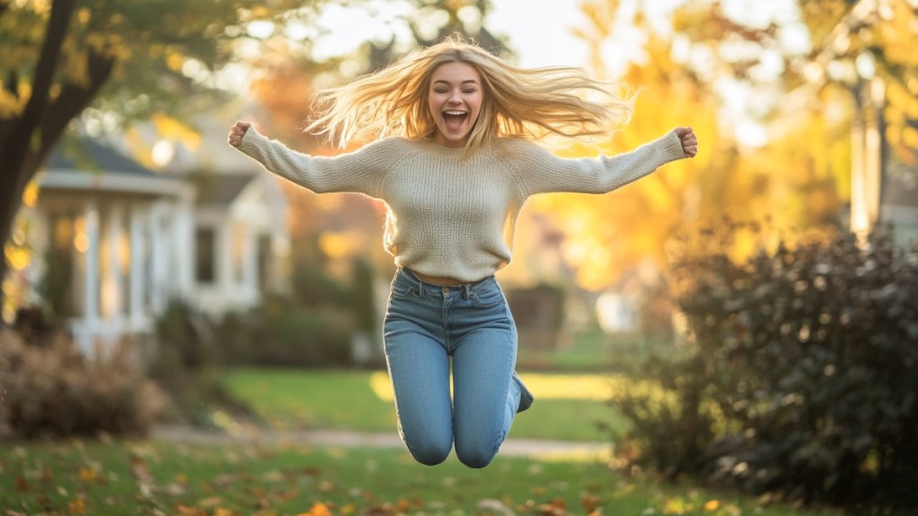 Eine junge Frau springt vor Freude im Garten. (KI-generiertes Bild)