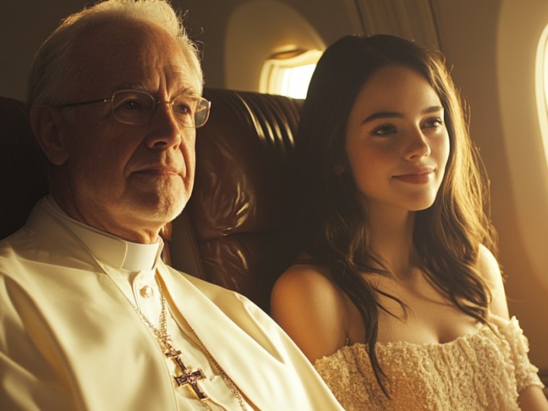 Priester und Frau im Flugzeug. (KI-generiert)
